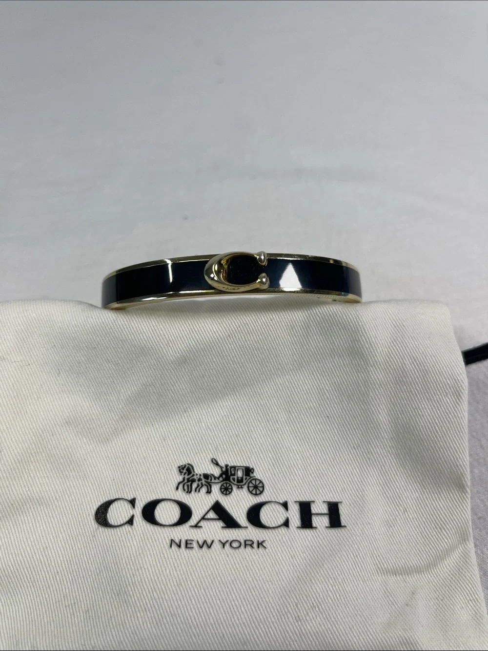 Coach Black Enamel Gold Tone Signature C Hinged Bangle Bracelet